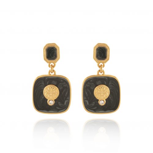 Gold plated black square earrings with coin