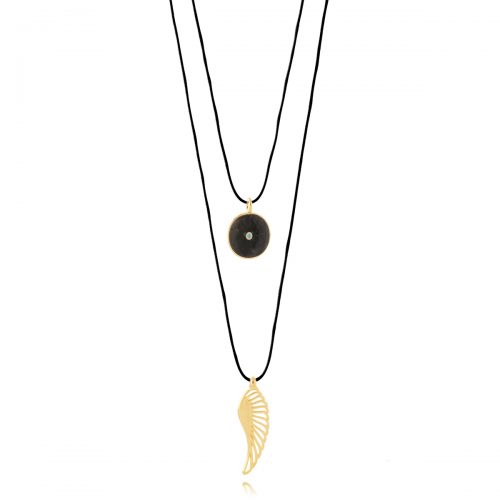 2Rows black cored long necklace with gold plated feather