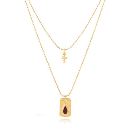 Two rows chain necklace with enamel drop & cross